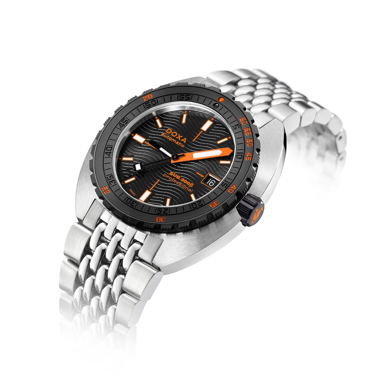The DOXA Sub 300 Beta Professional is a stainless steel watch with a black and orange dial, orange accents, date display, and metal bracelet—Swiss-made and ideal for diving chronograph fans. Pictured on a white background.