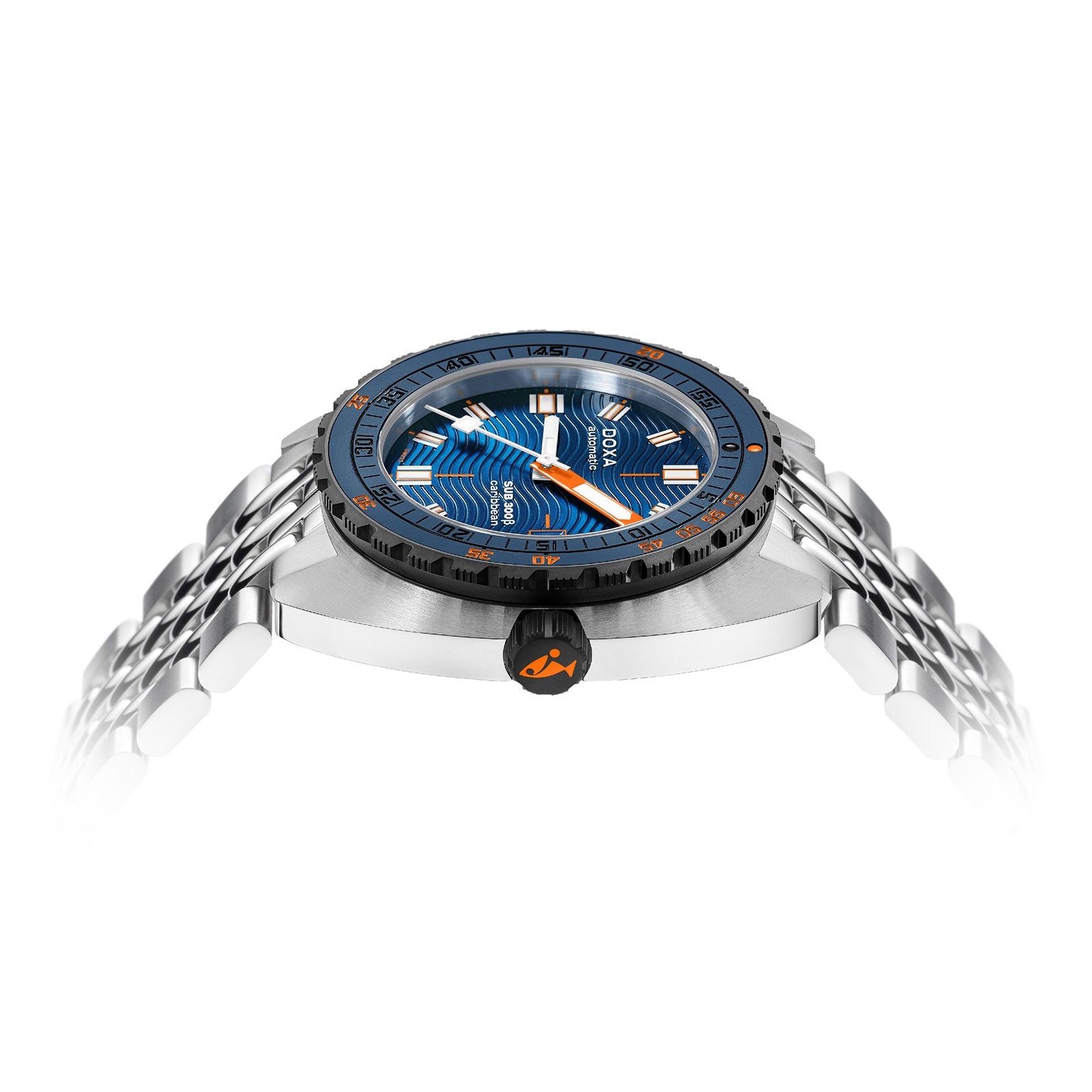 Side view of the DOXA Sub 300 Beta Caribbean, a water-resistant stainless steel sports watch with a blue and orange dial, silver bracelet, and black ceramic bezel, photographed on a white background.