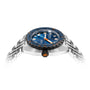 Side view of the DOXA Sub 300 Beta Caribbean, a water-resistant stainless steel sports watch with a blue and orange dial, silver bracelet, and black ceramic bezel, photographed on a white background.