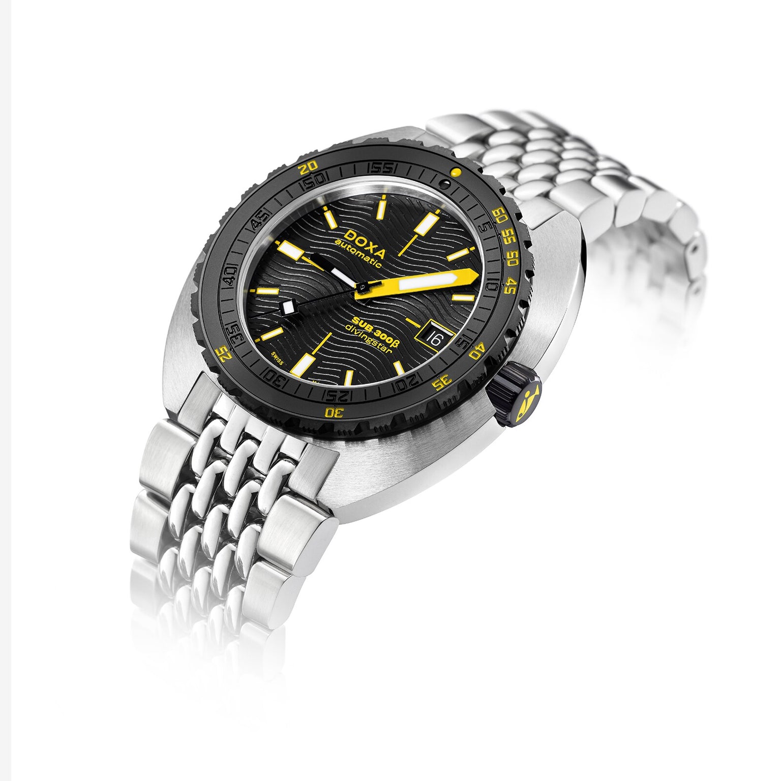 The DOXA Sub 300 Beta Divingstar is a silver sports watch featuring a black and yellow dial, black ceramic bezel, metal bracelet, and Swiss automatic movement, shown on a white background.
