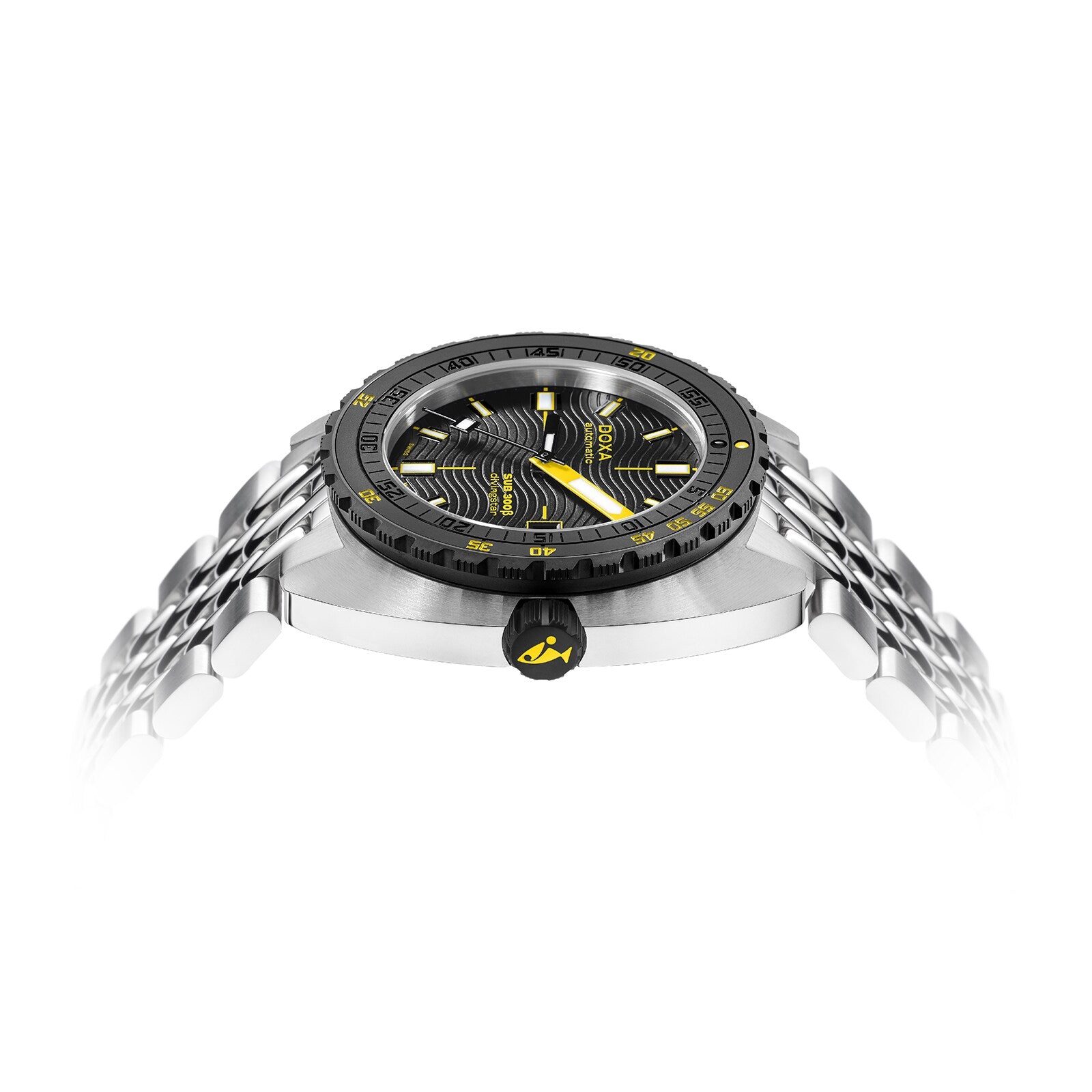 The DOXA Sub 300 Beta Divingstar stainless steel sports watch features a black ceramic bezel and a textured black and yellow dial, shown from a low side angle on a white background.