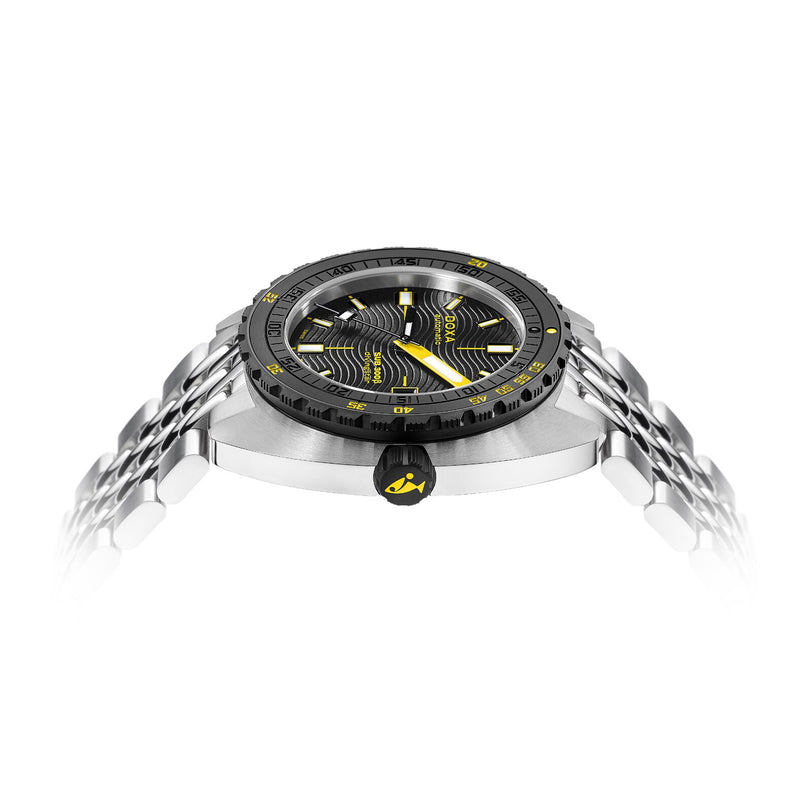 The DOXA Sub 300 Beta Divingstar stainless steel sports watch features a black ceramic bezel and a textured black and yellow dial, shown from a low side angle on a white background.