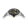 The DOXA Sub 300 Beta Divingstar stainless steel sports watch features a black ceramic bezel and a textured black and yellow dial, shown from a low side angle on a white background.