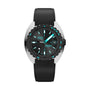 The DOXA SUB 300 Beta Aquamarine is a black wristwatch with a black strap, blue luminous markers, and a date display.