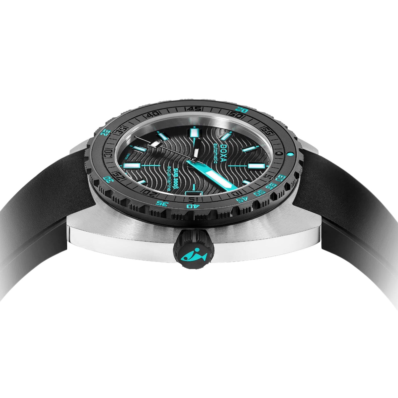 The DOXA SUB 300 Beta Aquamarine is a modern wristwatch featuring a black strap, silver case, and a black dial with turquoise accents and wave patterns.