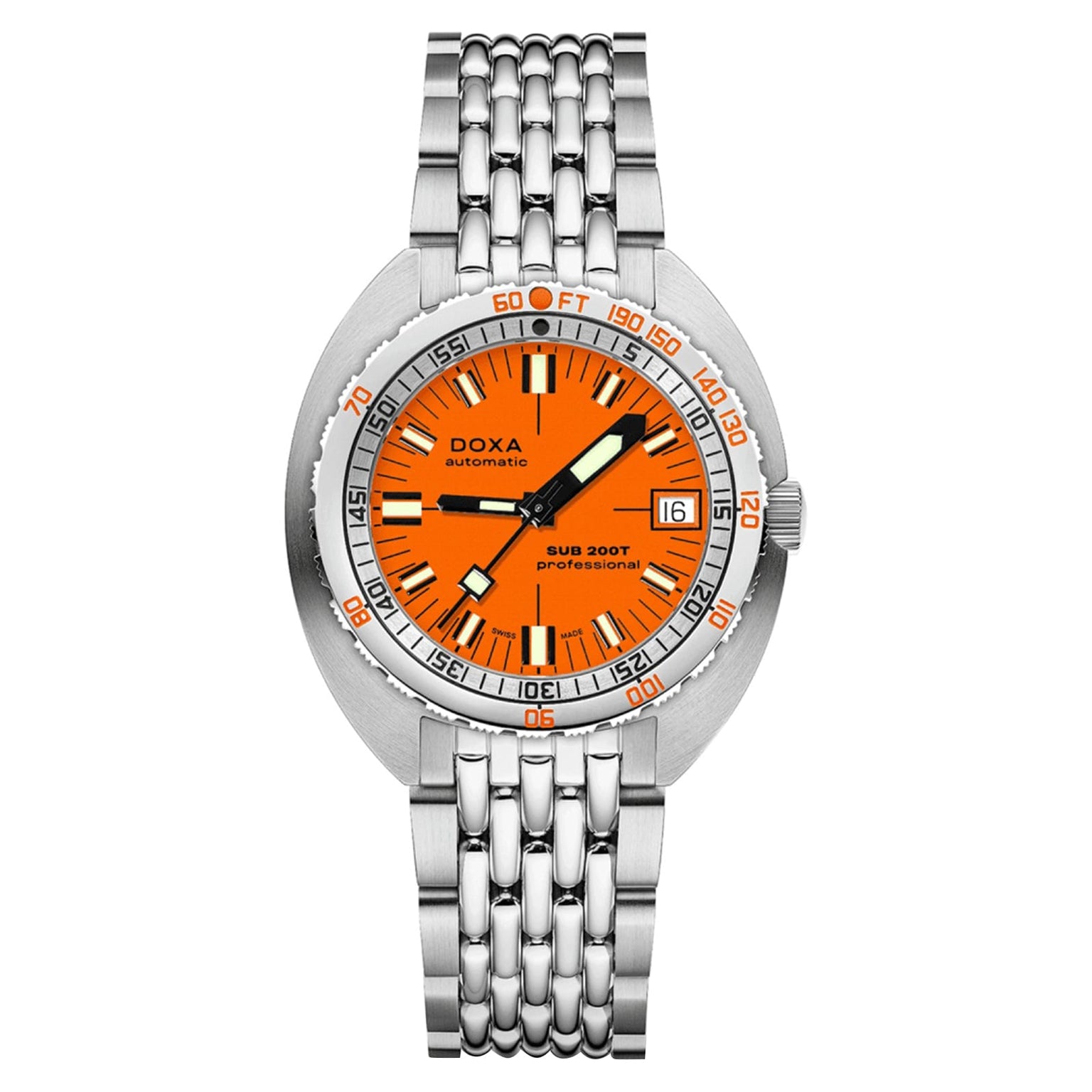 The DOXA Sub 200T Professional features a stainless steel case, orange dial, silver bezel, date display at 3 o’clock, and a metal link bracelet, inspired by Swiss watchmaking traditions.