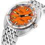 The DOXA Sub 200T Professional is a stainless steel dive watch with an orange dial, black and white indices, and a silver bracelet—showcasing Swiss craftsmanship, perfect for deep-sea diving.