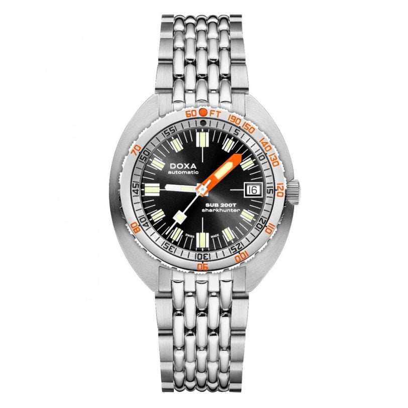 The DOXA Sub 200T Sharkhunter is a stainless steel dive watch featuring Swiss craftsmanship, a black dial, an orange minute hand, date display, and a sleek silver bracelet—designed for deep-sea adventures.