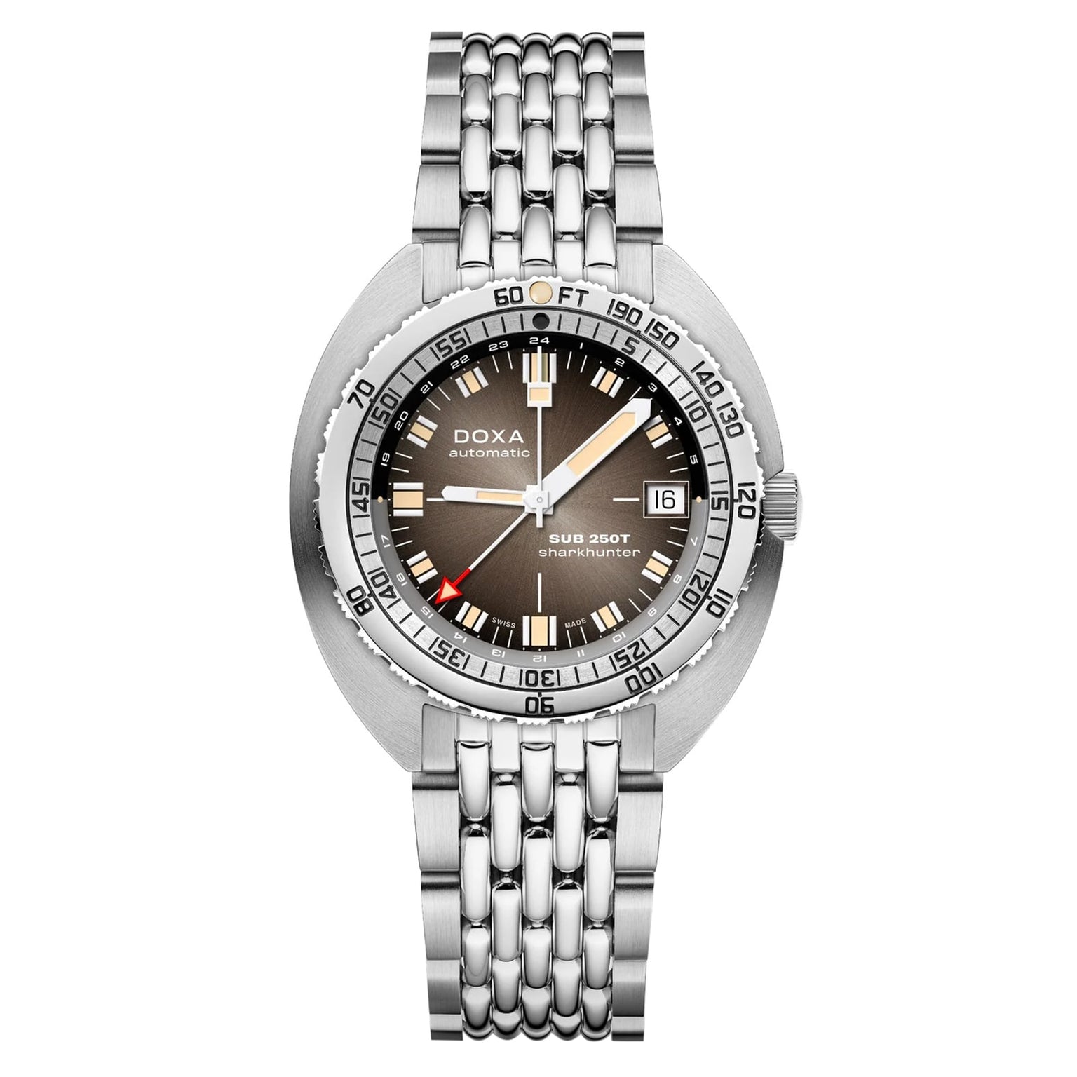 The DOXA SUB 250T GMT Sharkhunter Vintage is a silver dive watch with a Swiss automatic movement, black and gray round dial featuring a date window at 3 o’clock, and a metal link bracelet.