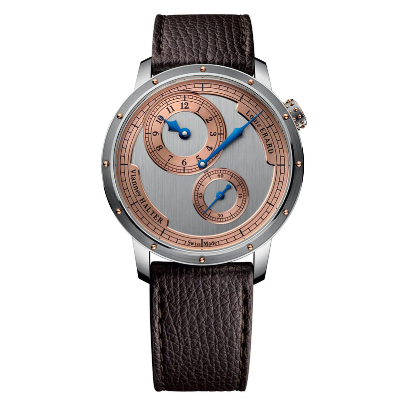 The Louis Erard Le Régulateur Louis Erard x Vianney Halter II is a luxury wristwatch featuring a brown leather strap and a silver and rose gold dial with blue hands.