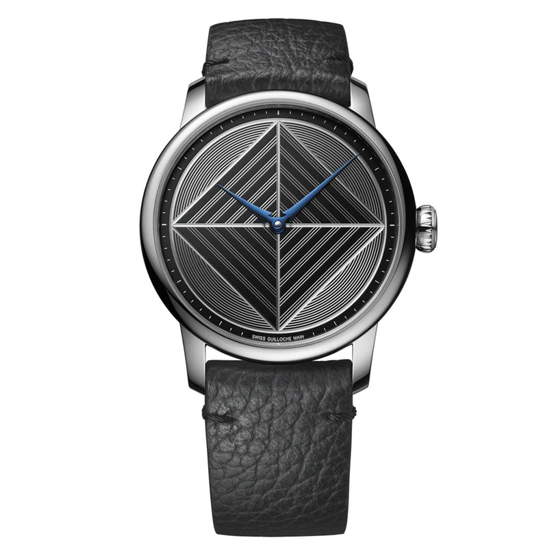 The Louis Erard Guilloché Main II is a wristwatch featuring a geometric black and silver dial and a black textured leather strap.