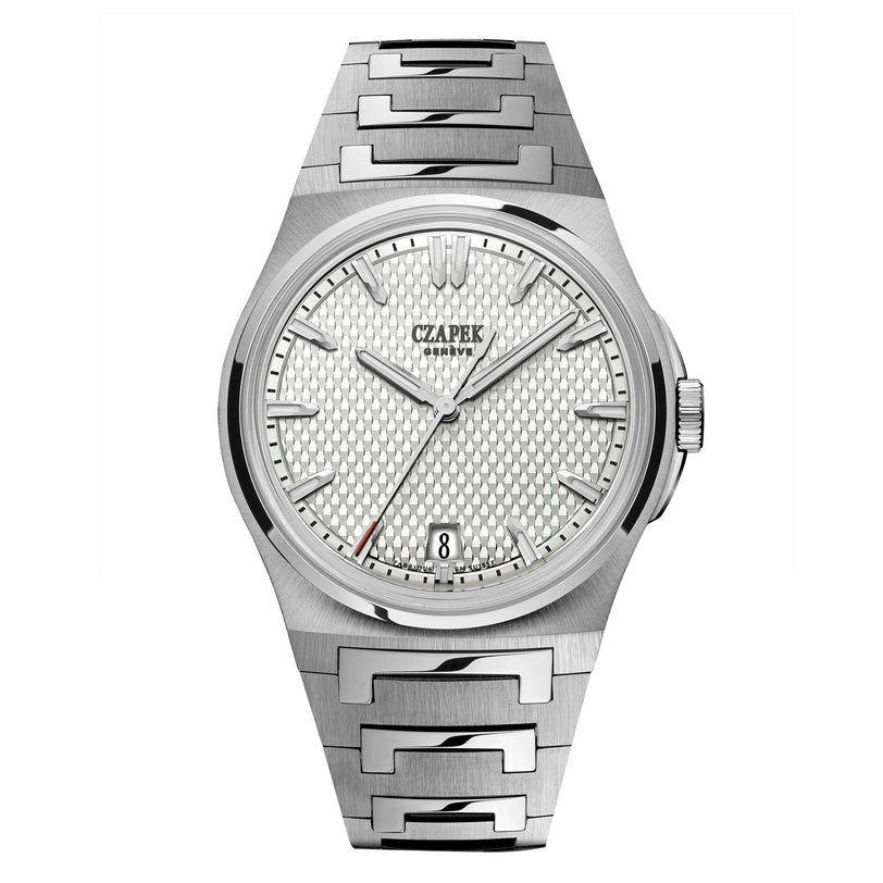 Czapek Antarctique Passage de Drake Ice White: silver metal wristwatch featuring a textured white dial, silver hour markers, and a date window at 6 o’clock.