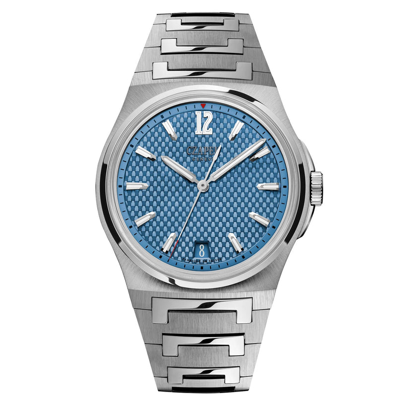 Czapek Antarctique Passage de Drake Glacier Blue wristwatch featuring a silver case, blue textured dial, silver hour markers, and a date window at 6 oclock.