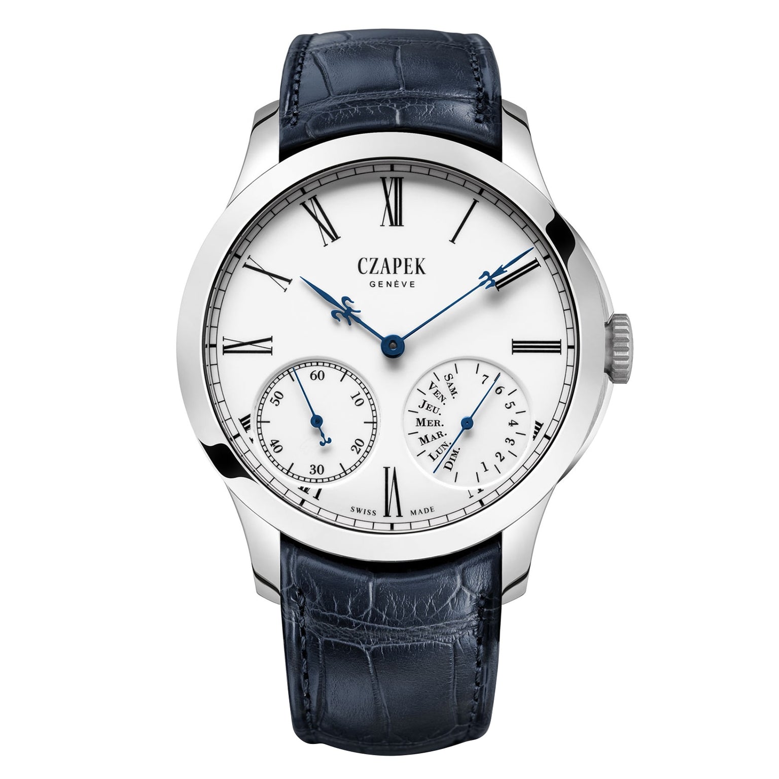 The Czapek Quai des Bergues N°33 Ter is a luxury watch featuring Roman numerals, blue hands, and a dark blue leather strap.