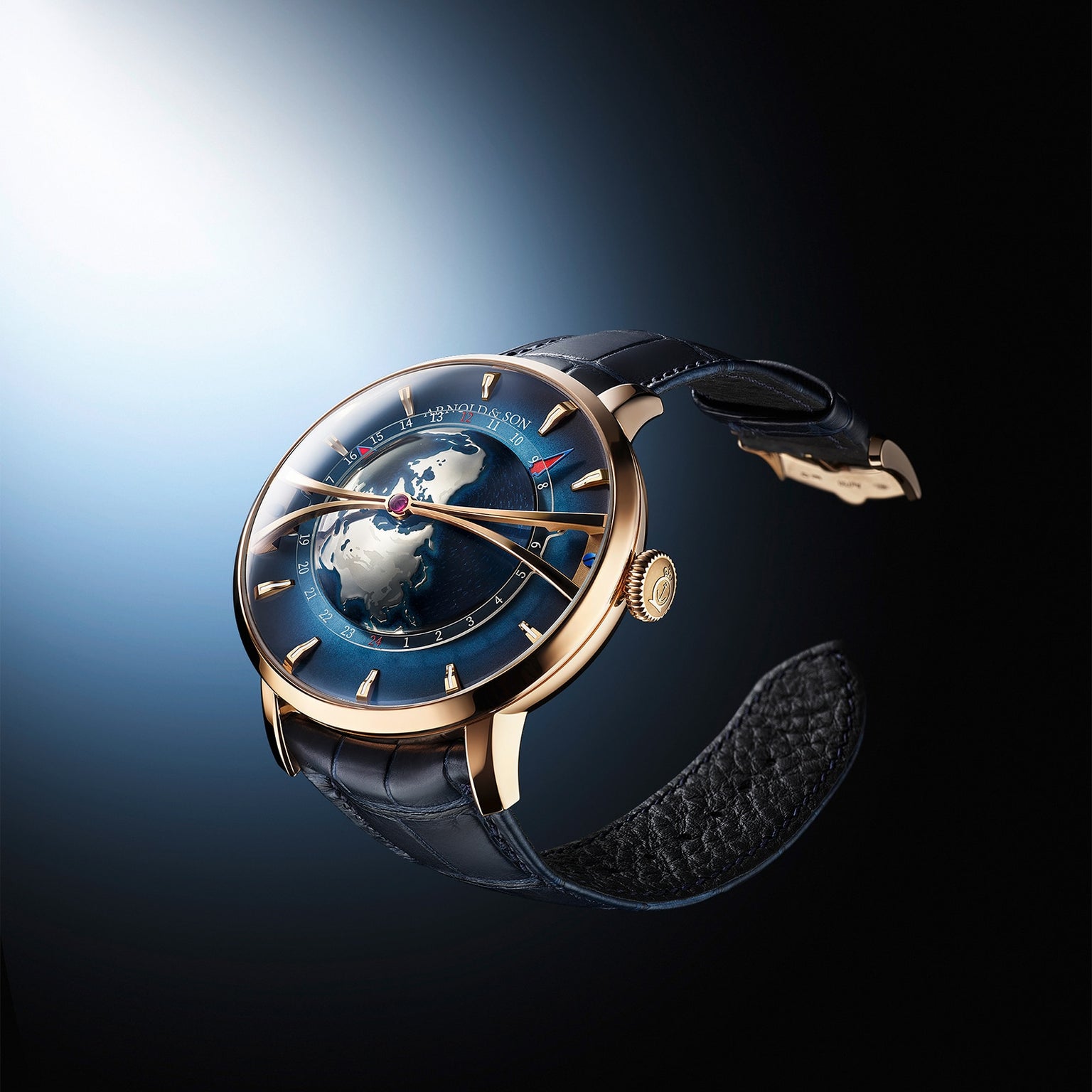 The Arnold & Son Globetrotter Red Gold is a luxury wristwatch featuring a blue globe dial, red gold case, and black leather strap, set against a dark gradient background.