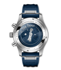 Stainless steel chronograph watch with dark blue dial featuring Le Petit Prince illustration, blue rubber strap, and chronogr