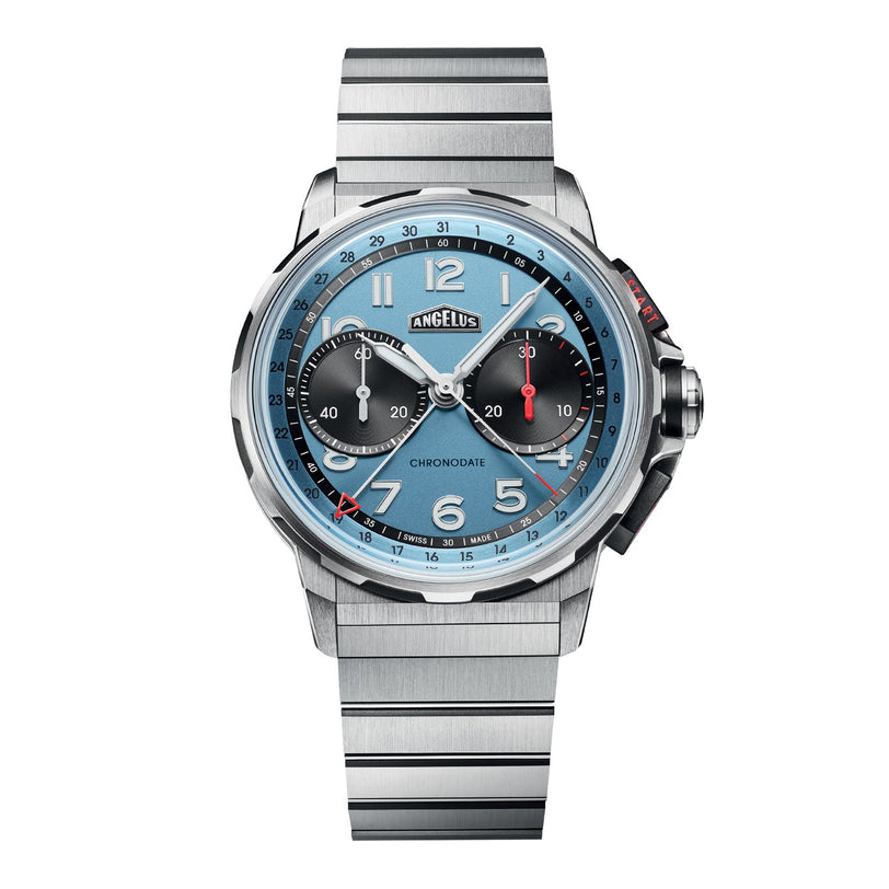 The Angelus Chronodate Titanium Storm Blue Titanium features a blue face, black subdials, and silver hour markers on a sleek titanium link band.