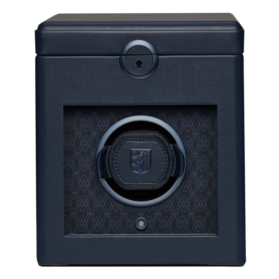 Dark blue leather watch winder with single circular watch holder, textured front panel, and power button at bottom.