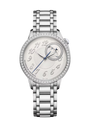 Silver stainless steel watch with crystal-set bezel, cream dial, Arabic numerals, subdial, and matching metal bracelet.