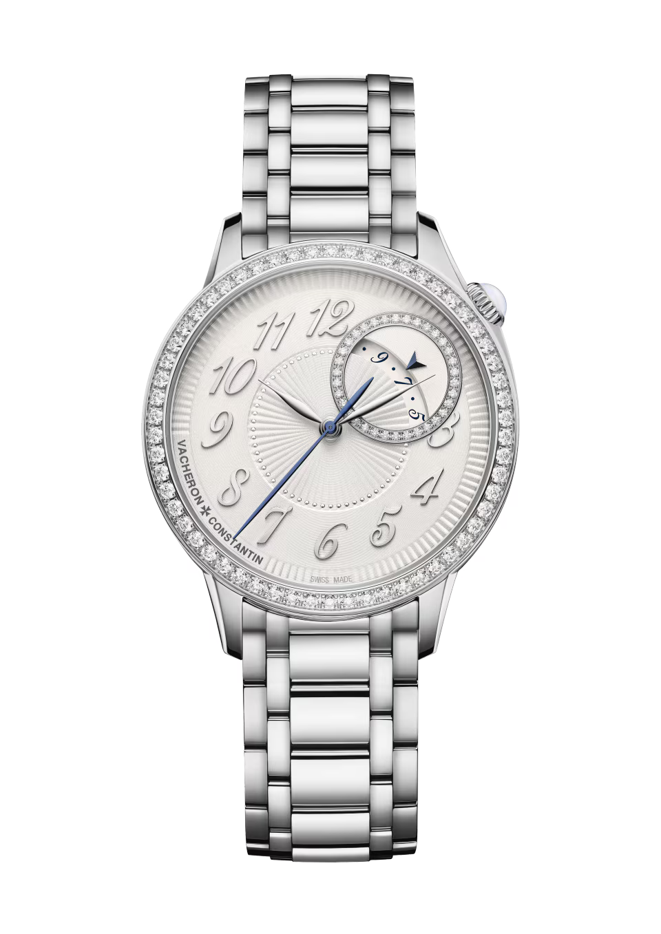 Silver stainless steel watch with crystal-set bezel, cream dial, Arabic numerals, subdial, and matching metal bracelet.