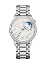 Silver stainless steel watch with white dial, Arabic numerals, diamond bezel, and blue moon phase complication at 3 o'clock p