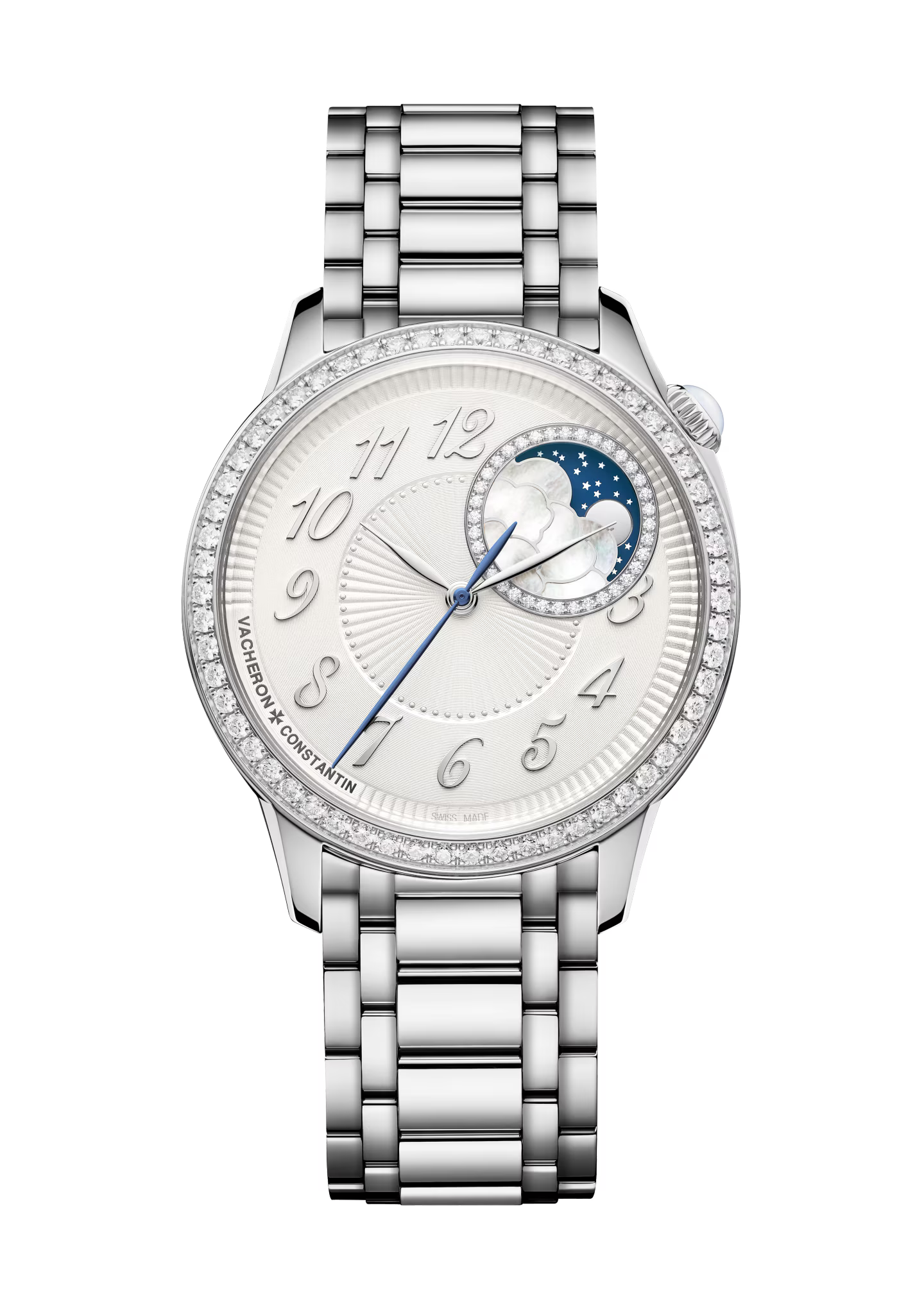 Silver stainless steel watch with white dial, Arabic numerals, diamond bezel, and blue moon phase complication at 3 o'clock p