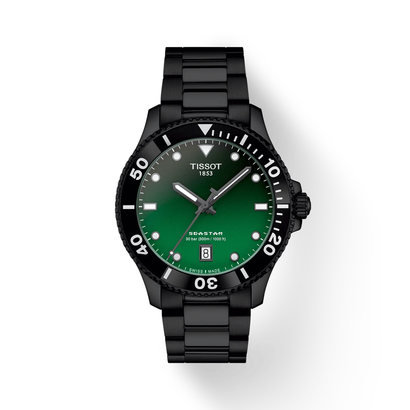 Tissot watch with green dial and black bracelet on white background
