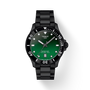 Tissot watch with green dial and black bracelet on white background