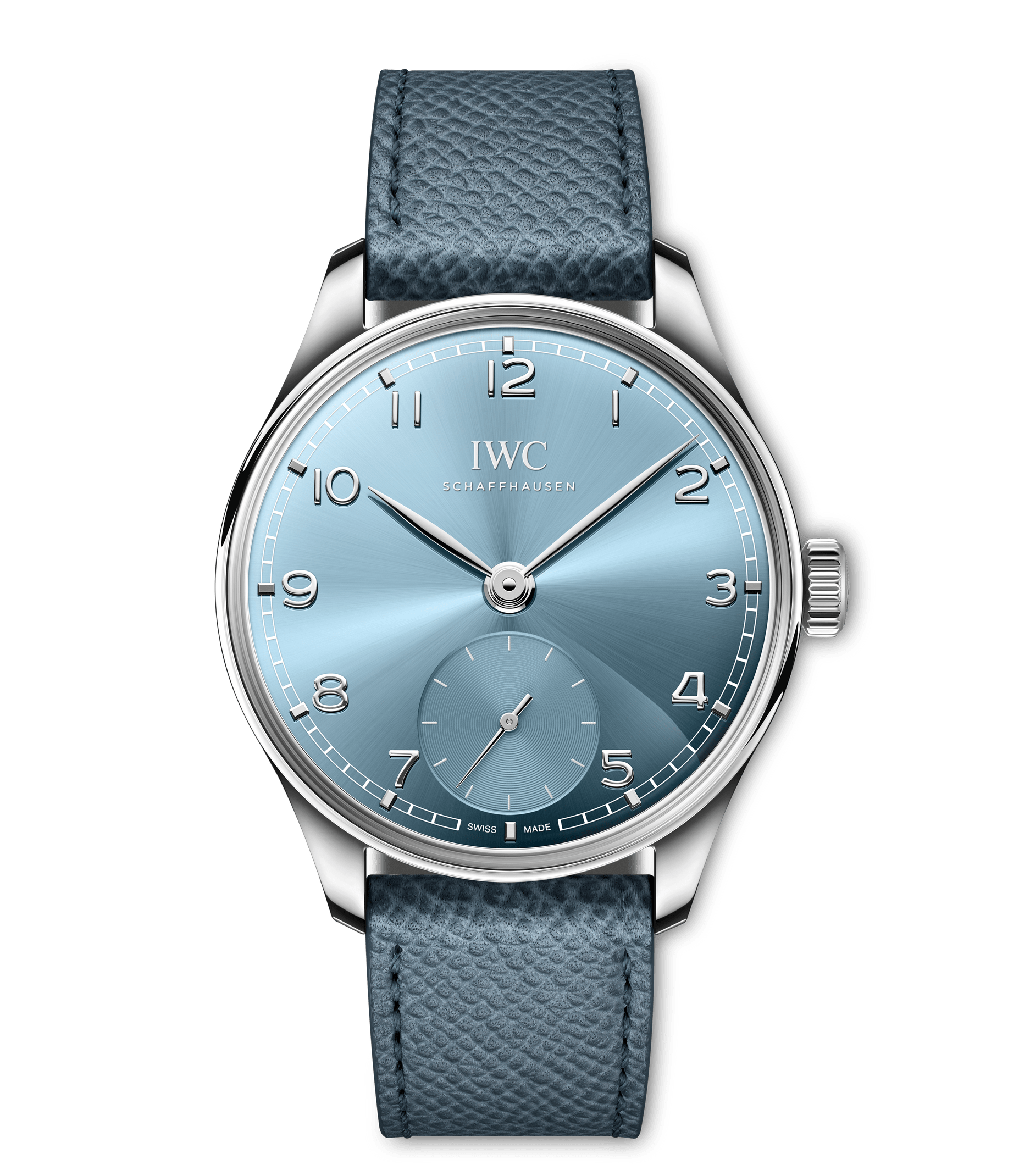 The IWC Schaffhausen Portugieser Automatic 40 features a silver case, sunburst light blue dial, silver hands and markers, small seconds above 6 o’clock, and a blue textured leather strap.