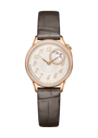 Rose gold watch with diamond-set bezel, cream dial, moon phase subdial, and dark gray leather crocodile-textured strap.