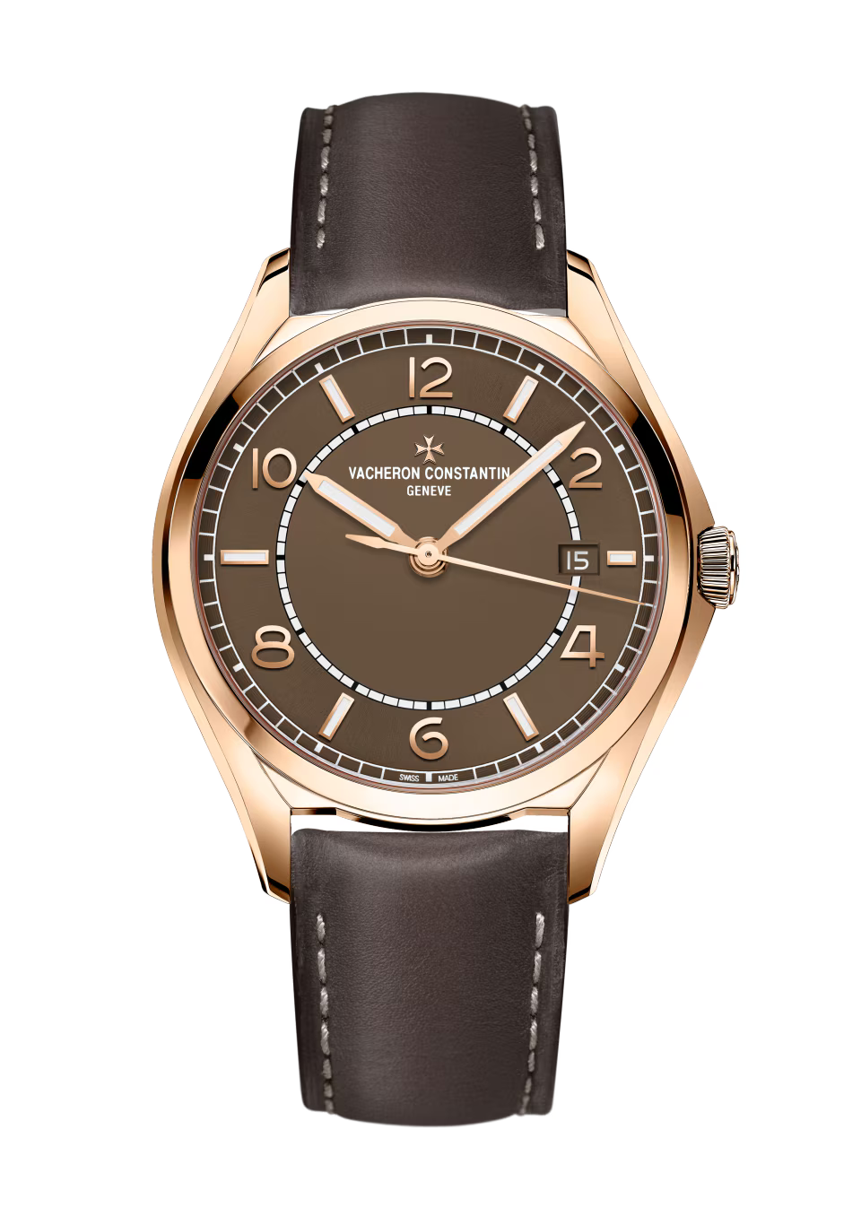 Rose gold-tone watch with brown dial, Arabic numerals, date window, and dark leather strap with contrast stitching.