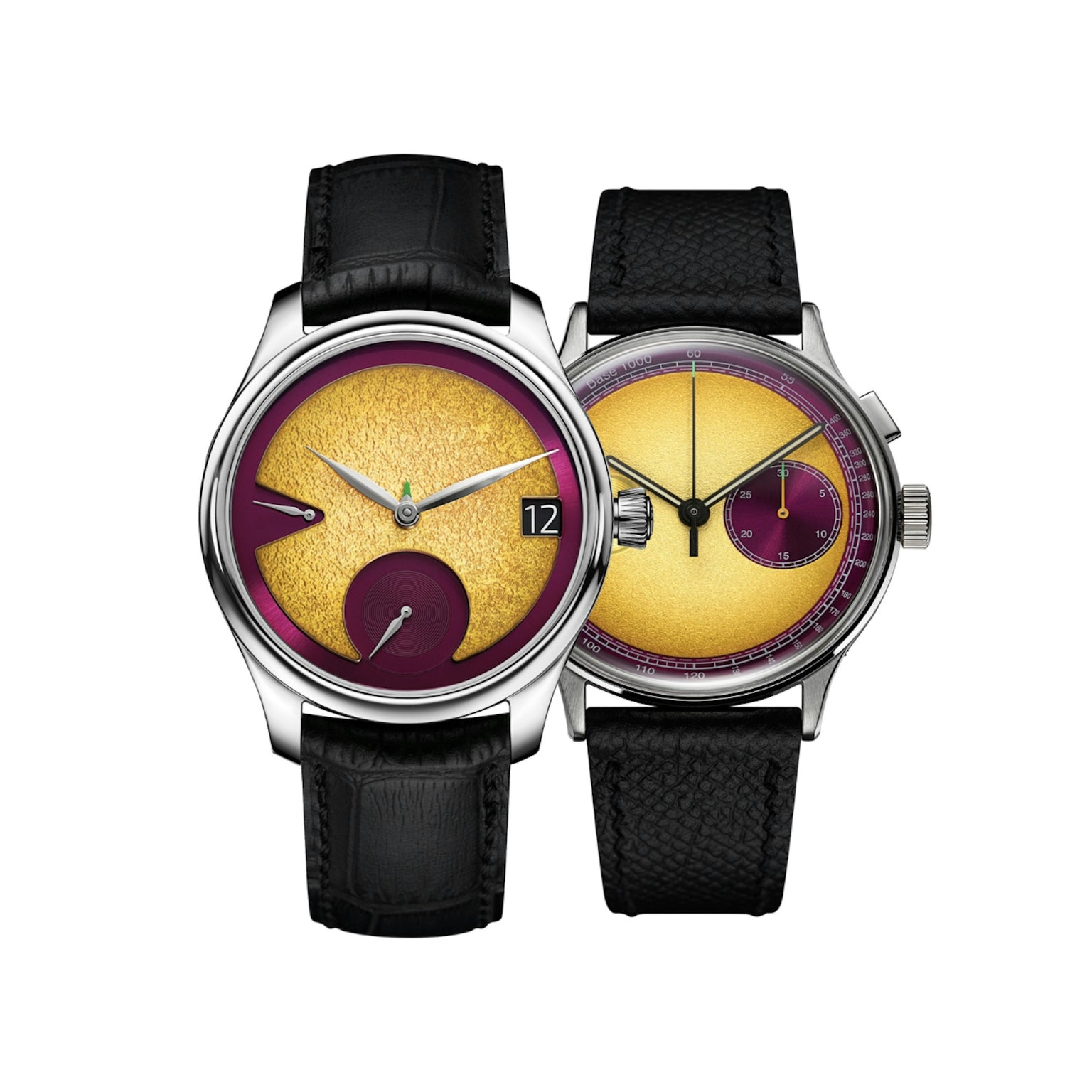 Two stainless steel watches with gold dials, purple accents, and black leather straps, shown front and side views.