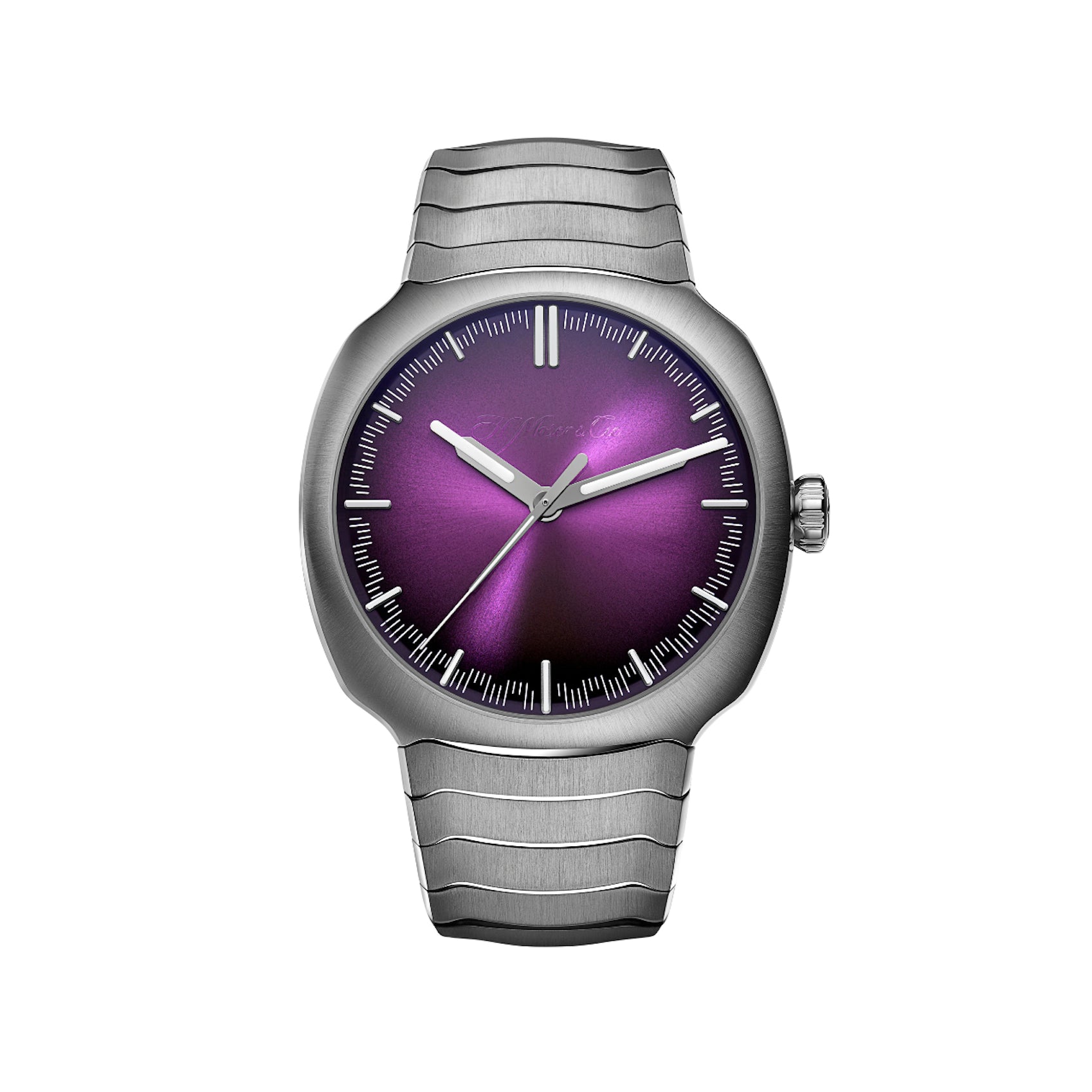 Wristwatch with purple dial and silver case on a white background