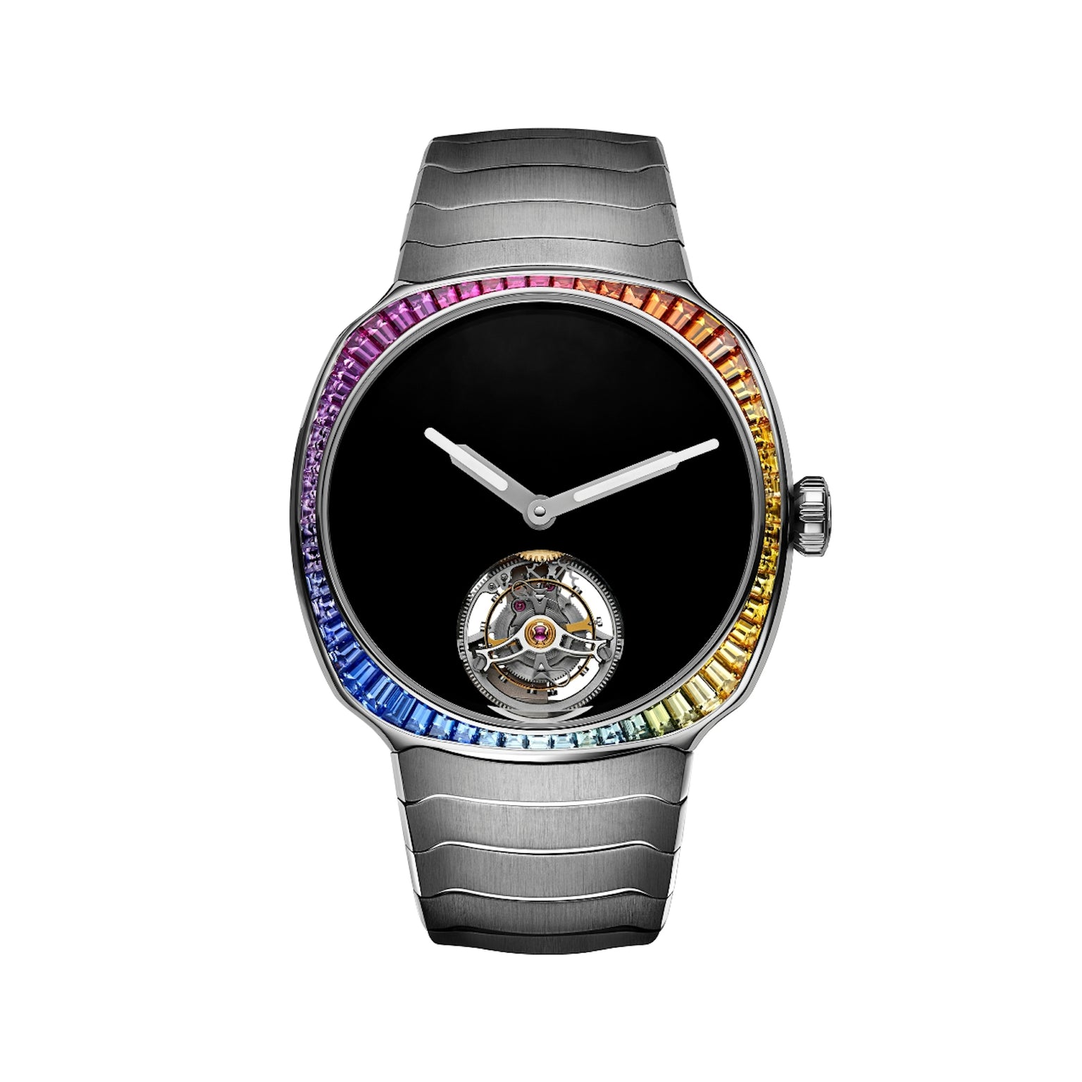 Silver-toned watch with black dial, white hands, rainbow gemstone bezel, and visible tourbillon mechanism at 6 o'clock.