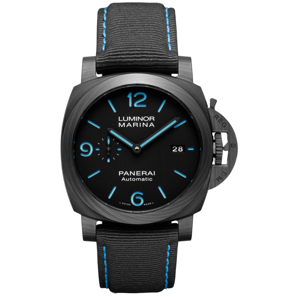 The Panerai Luminor Marina Carbotech™ is a black automatic watch with a round dial, blue numerals and markers, date at 3 o’clock, black strap with blue stitching, P.9010 calibre movement, and a 3-day power reserve.