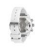 White chronograph pilot's watch with round dial, metallic case, white rubber strap, and visible caseback with engraved text.