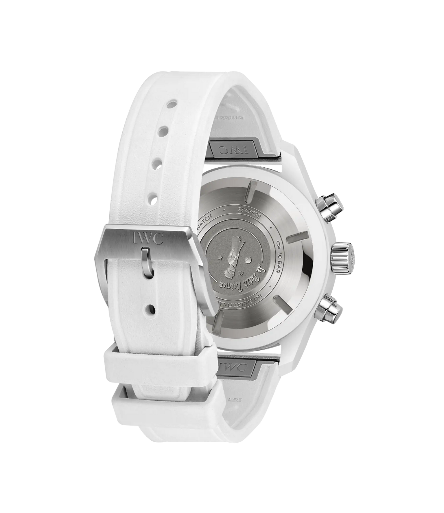 White chronograph pilot's watch with round dial, metallic case, white rubber strap, and visible caseback with engraved text.