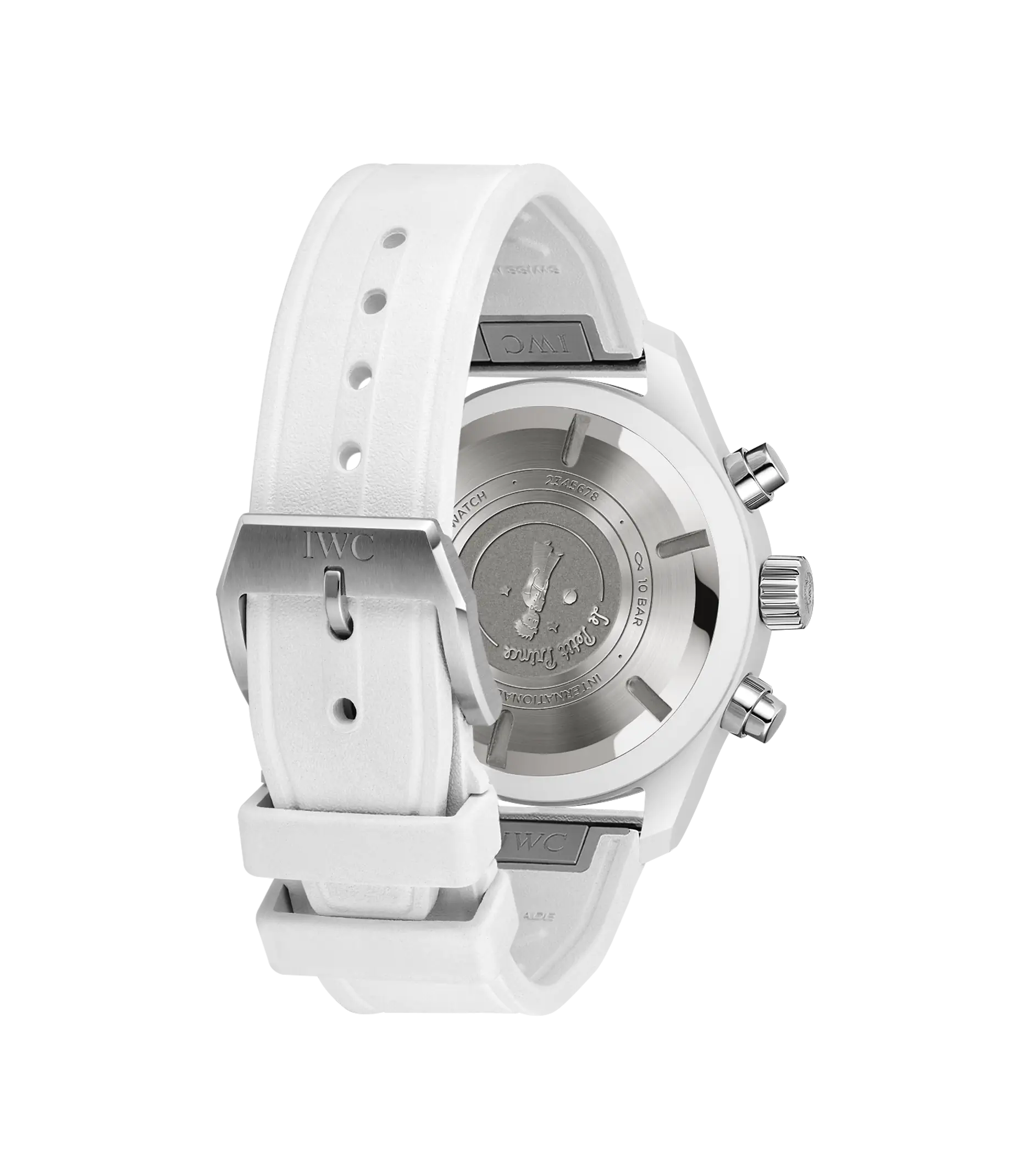 White chronograph pilot's watch with round dial, metallic case, white rubber strap, and visible caseback with engraved text.