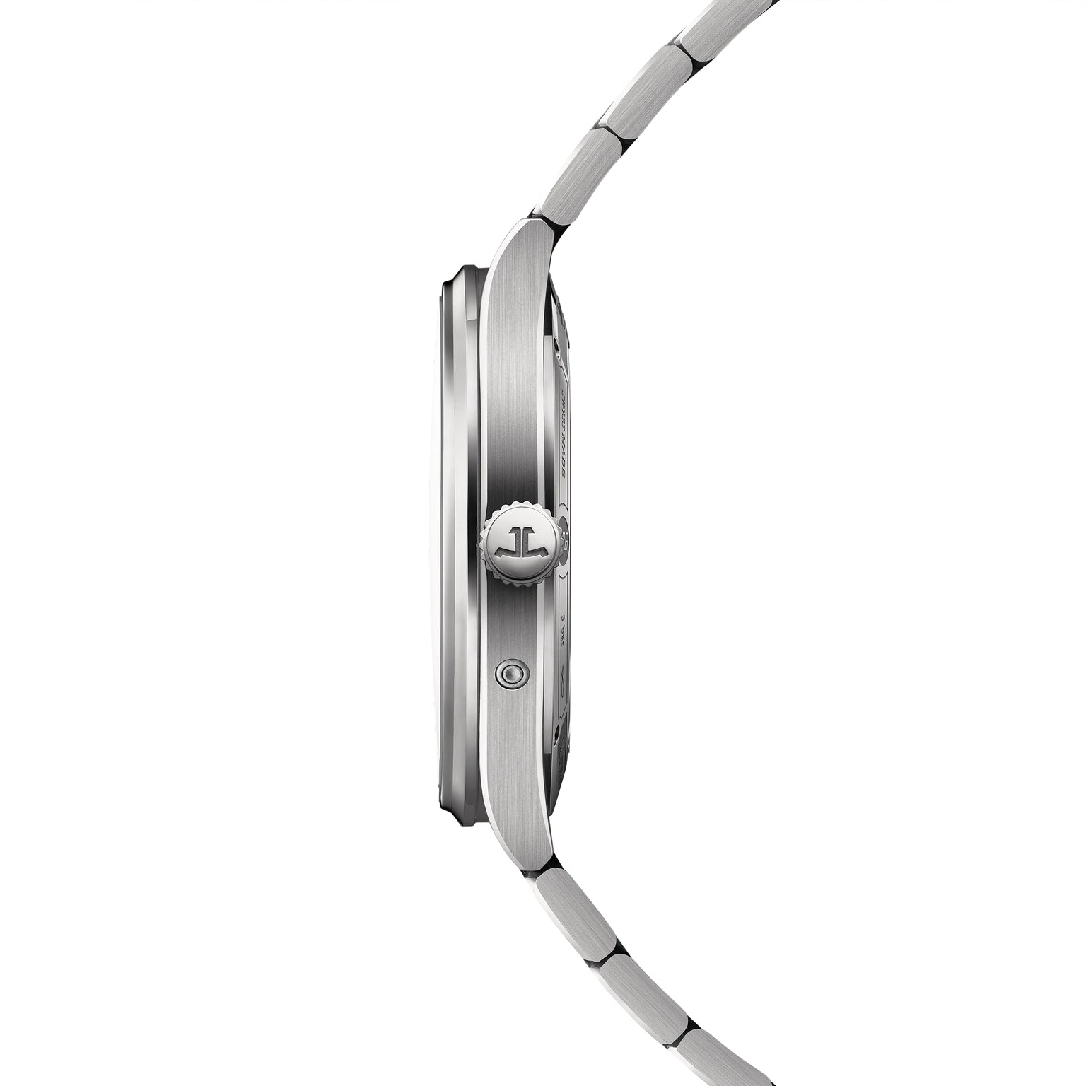 Silver-toned watch with brushed metal case and bracelet, shown from the side profile view.