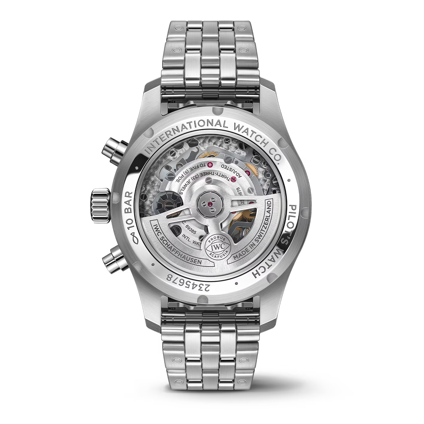 Back view of the IWC Schaffhausen Pilots Watch Chronograph 41 with a stainless steel case, visible mechanical movement, engraved case details, and a metal link bracelet.