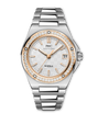 Silver and rose gold stainless steel watch with diamond bezel, white dial, date window, and matching bracelet.