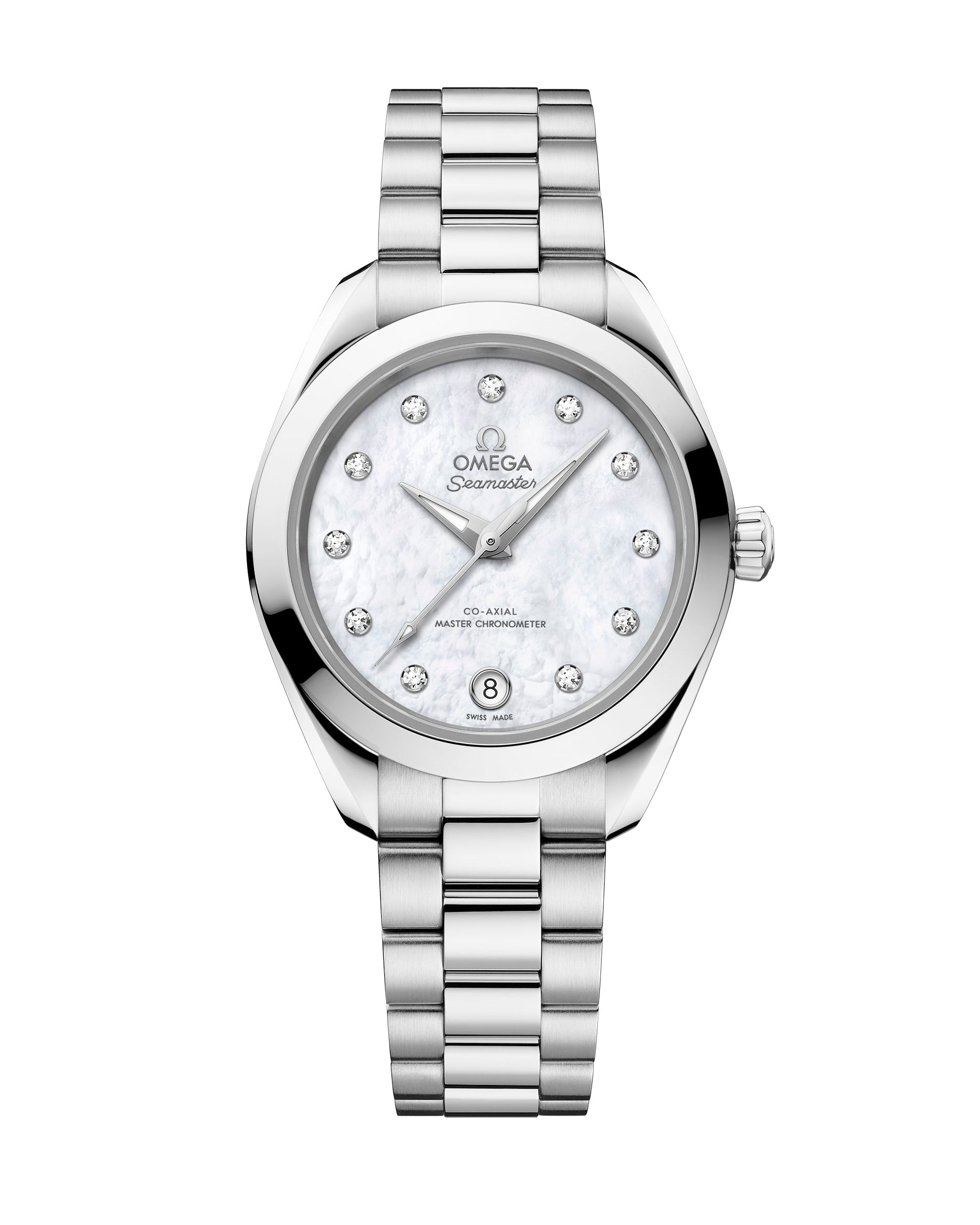 The OMEGA Seamaster Aqua Terra 150M features a silver case, metal bracelet, white mother-of-pearl dial with diamond hour markers, date window at 6 o’clock, and displays the OMEGA logo plus Co-Axial Master Chronometer specs.