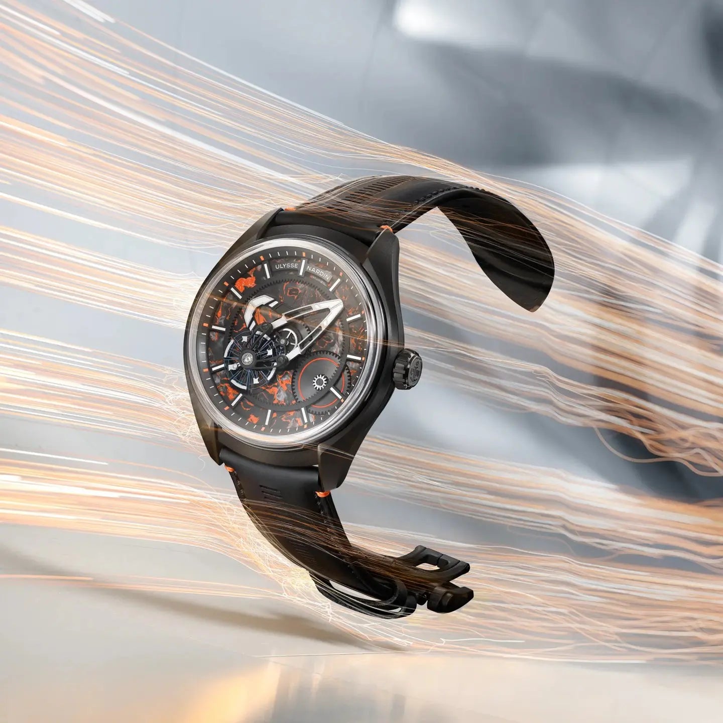 Luxury watch with a black strap on a dynamic background