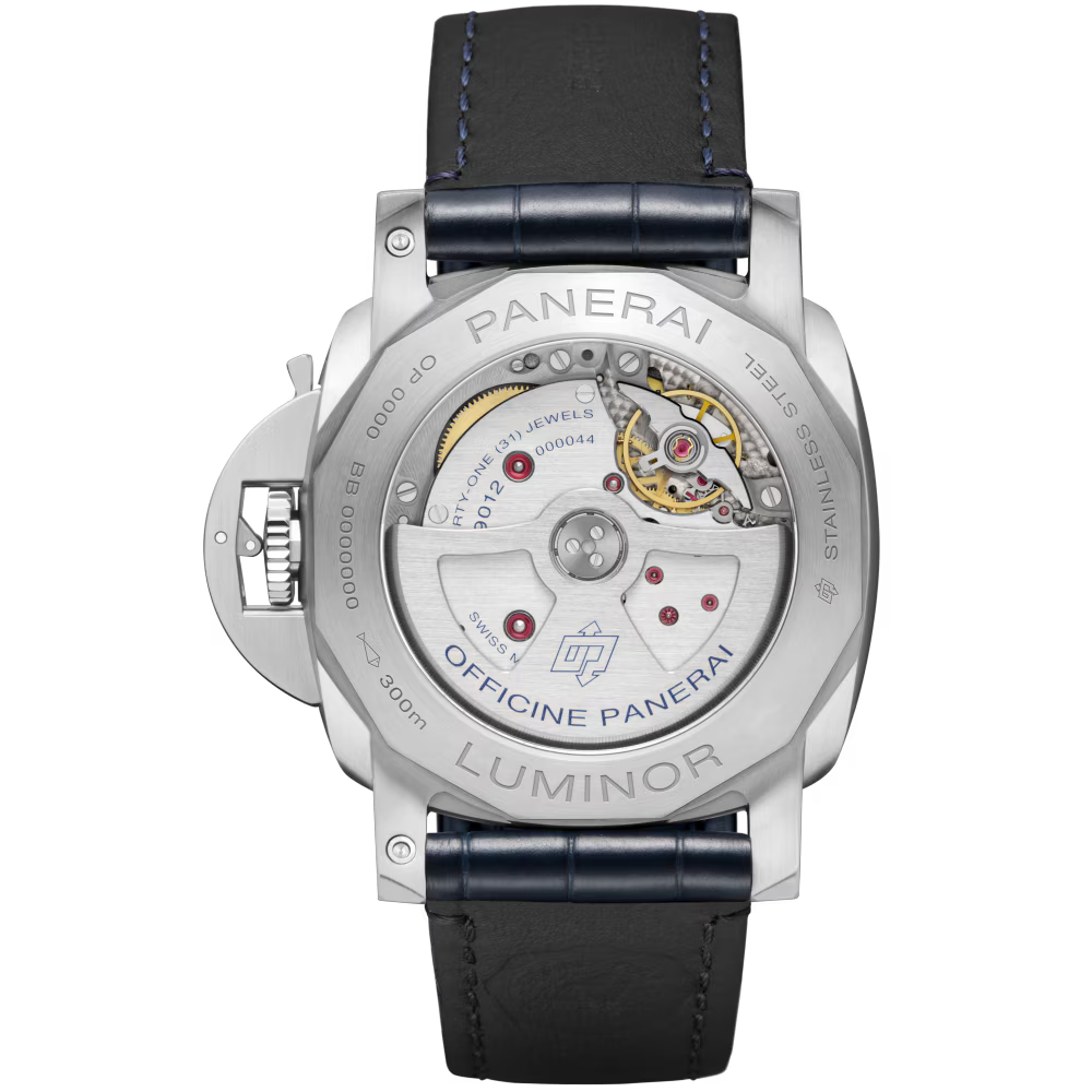 Close-up of the back of a Panerai Luminor BiTempo watch, highlighting its P.9012 calibre automatic movement, engraved details, and a black leather strap with blue stitching. Power reserve: 3 days.