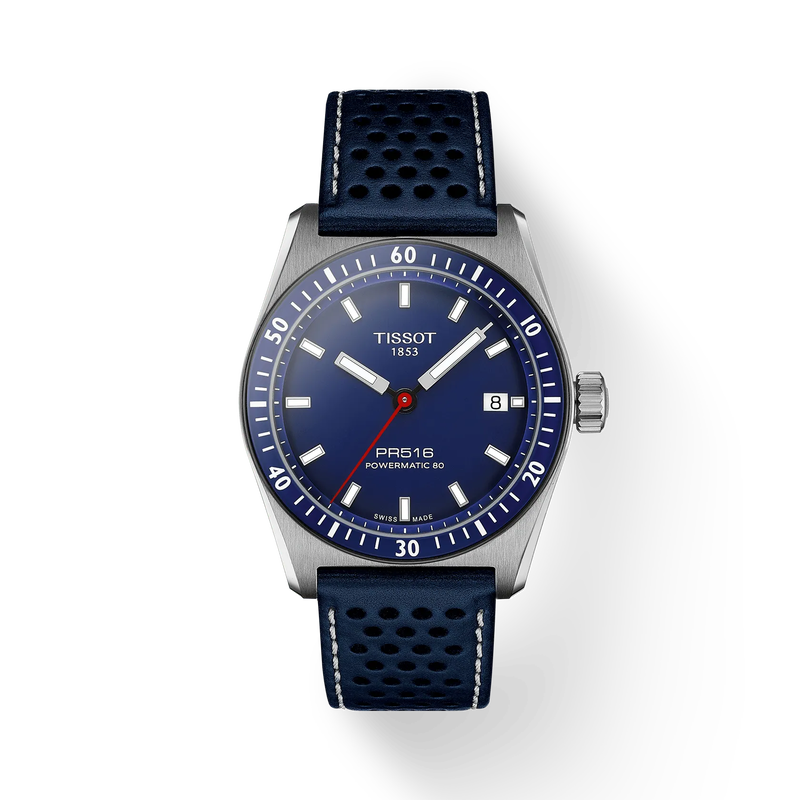 Tissot watch with blue strap and face on a white background