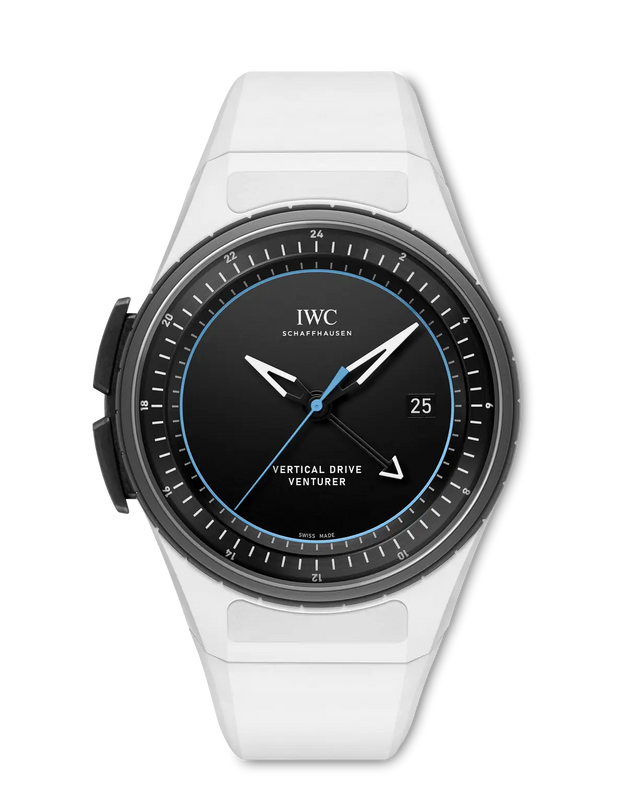 White wristwatch with black dial featuring IWC branding on a white background
