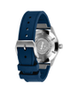 Stainless steel pilot's watch with blue rubber strap and engraved caseback shown from rear view.