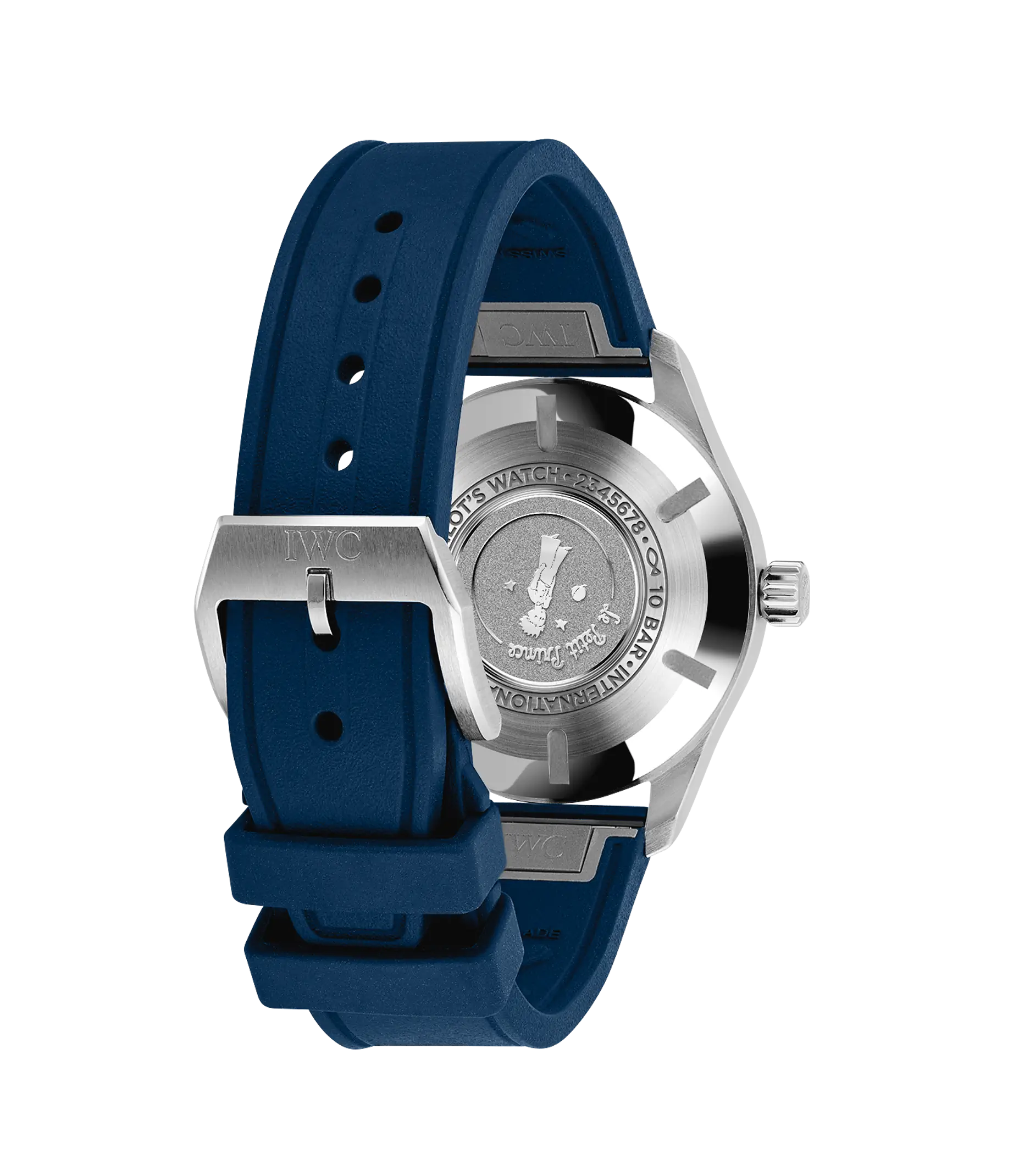 Stainless steel pilot's watch with blue rubber strap and engraved caseback shown from rear view.
