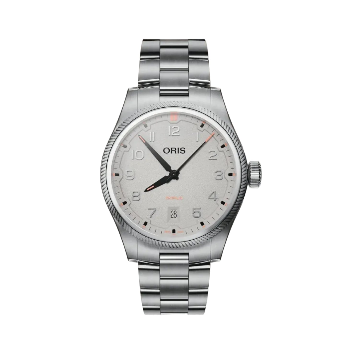 Silver Oris watch on a gradient background