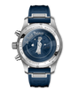 Stainless steel chronograph watch with dark blue dial featuring Le Petit Prince illustration, blue rubber strap, and pushers 